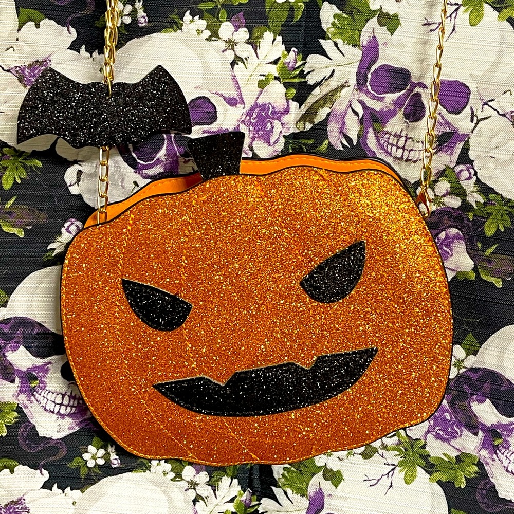 Spooky Glitter Jack-O-Lantern Crossbody Bag Purse Chain Strap Black Glitter Bat